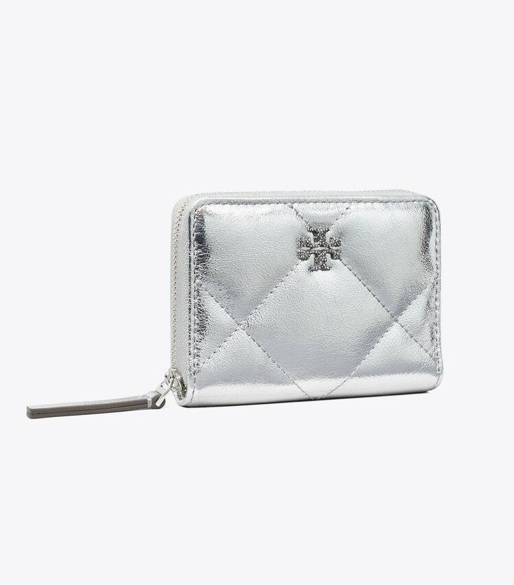 Tory Burch diseñador carteras Cartera pequeña con cremallera metálica y acolchado con forma de rombos Kira en Silver ángulo