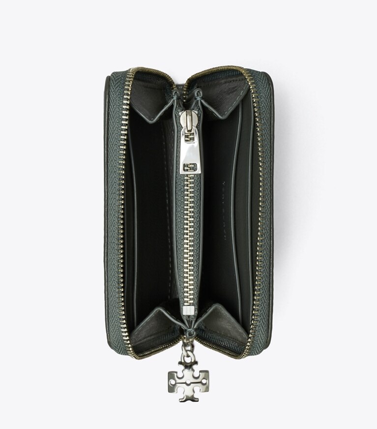 Tory Burch diseñador carteras Cartera pequeña con cremallera perimetral y nudo de conejito en Obsidian desde arriba