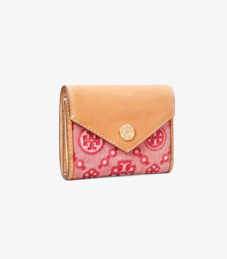 Tory Burch diseñador carteras Cartera pequeña de denim con monograma T en Brilliant Red ángulo