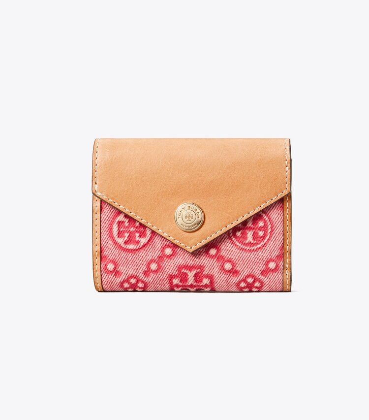 Tory Burch diseñador carteras Cartera pequeña de denim con monograma T en Brilliant Red frente