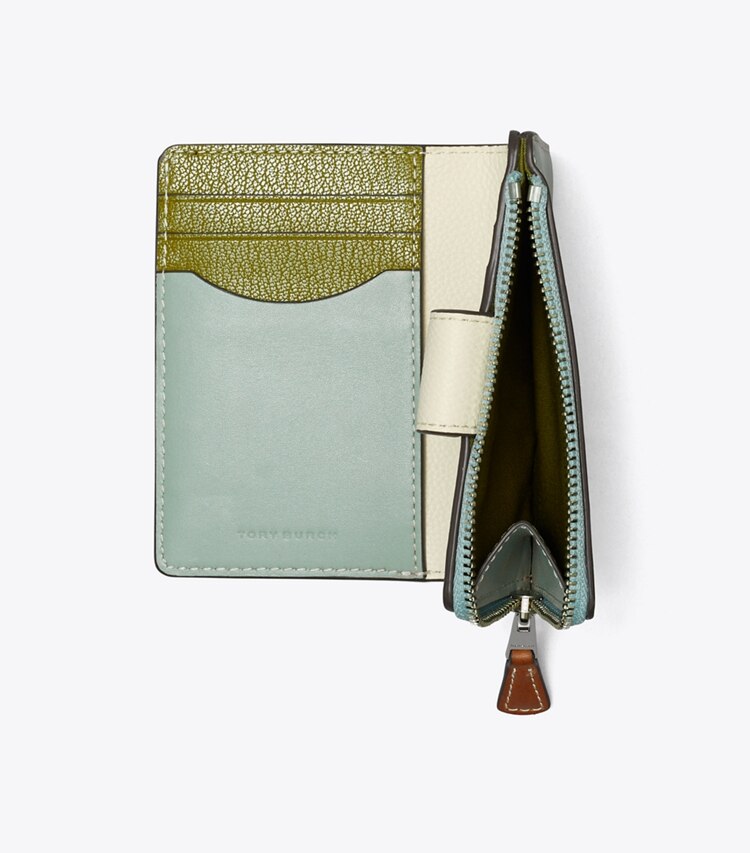 Tory Burch diseñador carteras Cartera plegada Pea Pod con bloques de color en Blue Celadon adicional