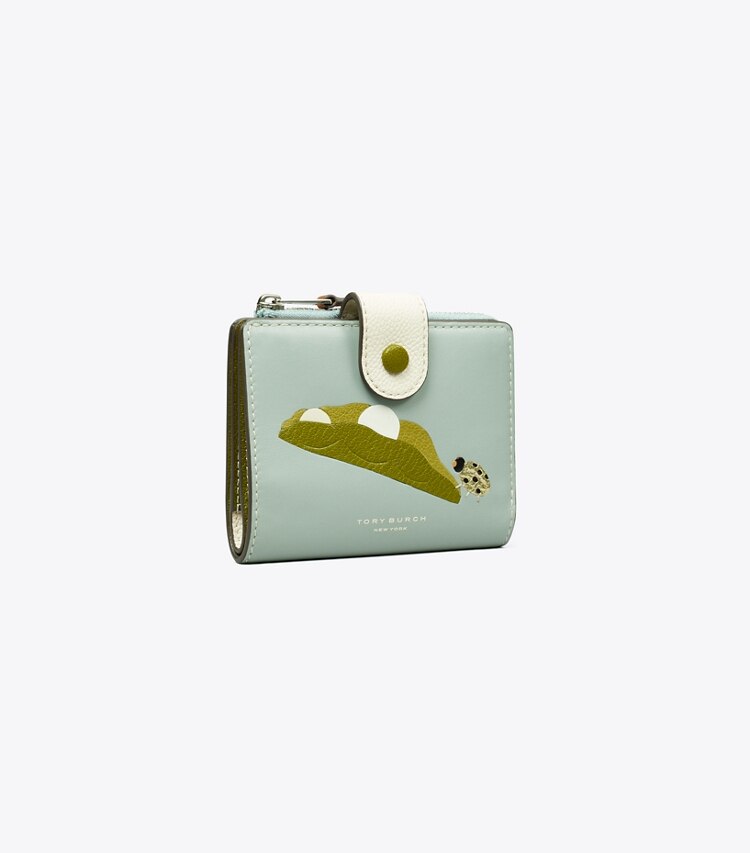 Tory Burch diseñador carteras Cartera plegada Pea Pod con bloques de color en Blue Celadon ángulo