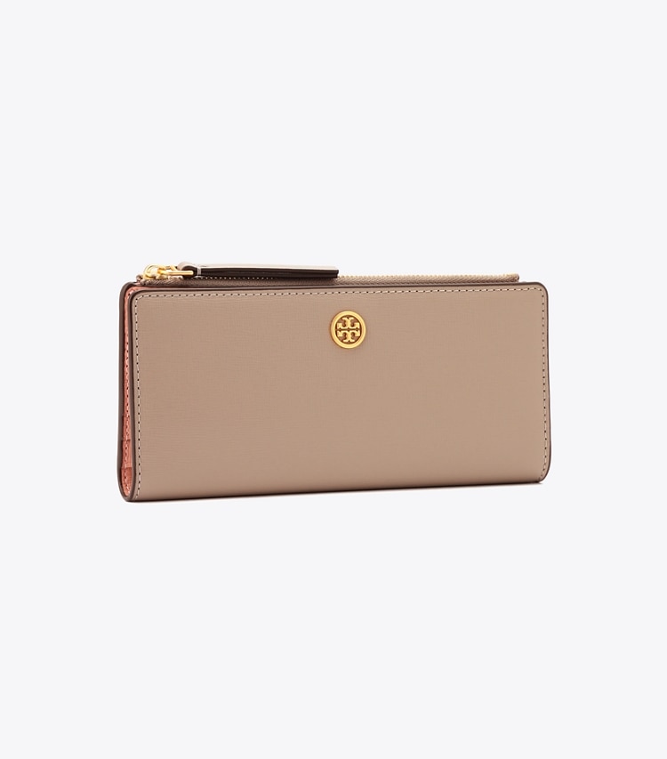 Tory Burch diseñador carteras Cartera Robinson fina con cremallera en Gray Heron ángulo