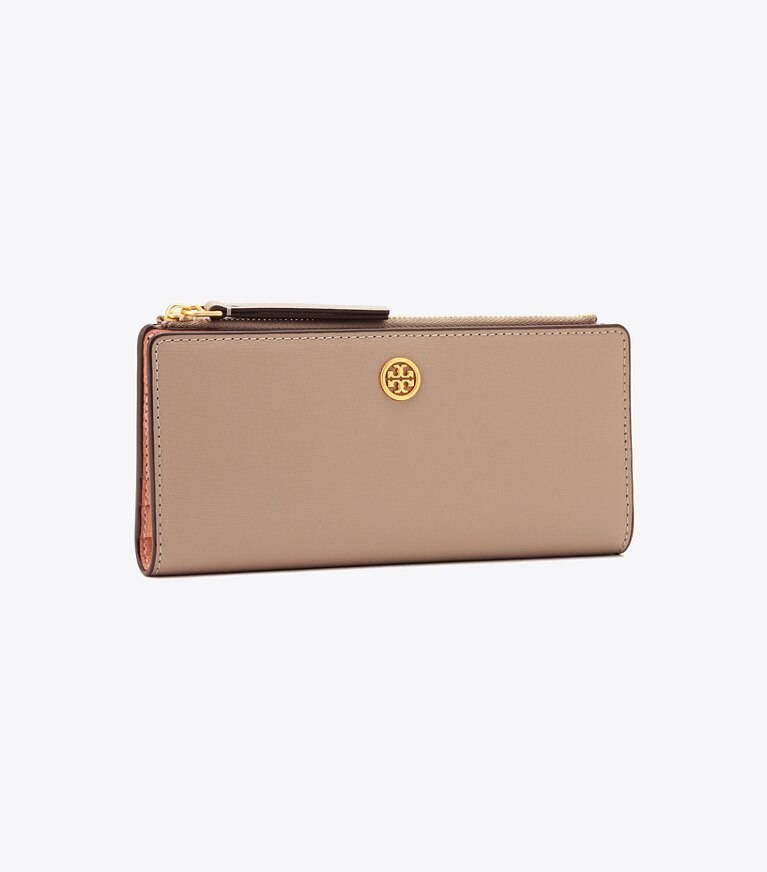 Tory Burch diseñador carteras Cartera Robinson fina con cremallera en Gray Heron ángulo