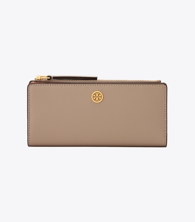 Tory Burch diseñador carteras Cartera Robinson fina con cremallera en Gray Heron frontal