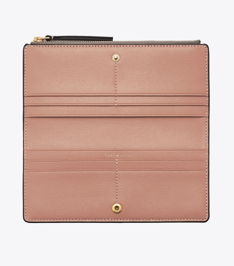 Tory Burch diseñador carteras Cartera Robinson fina con cremallera en Gray Heron desde arriba