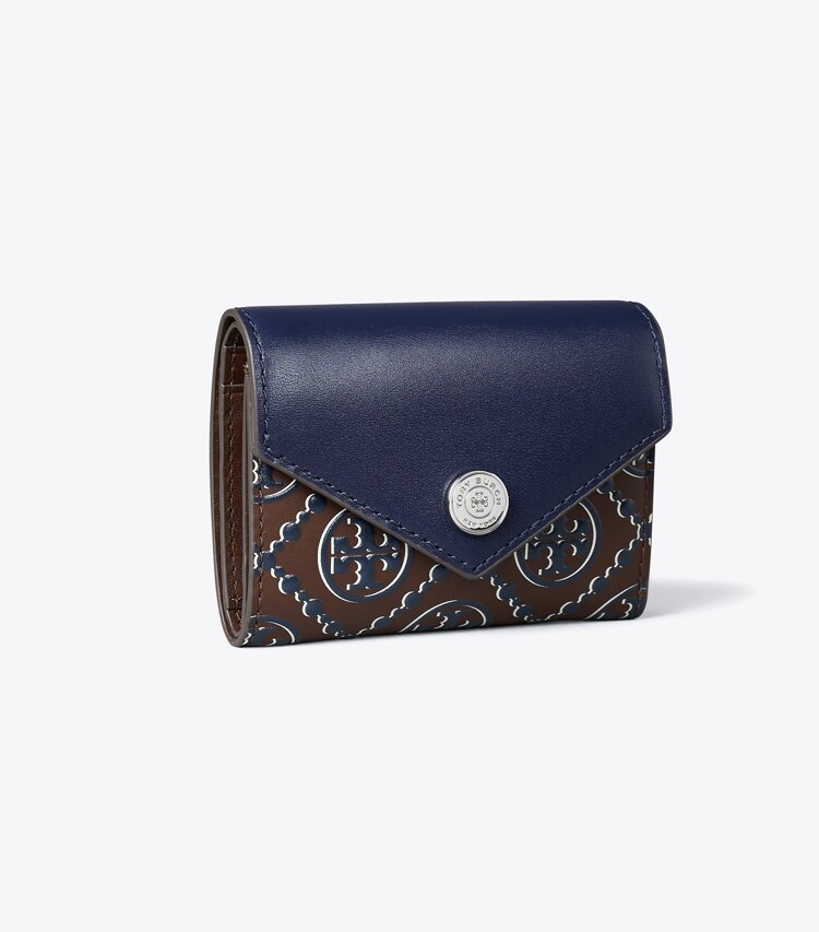 Tory Burch diseñador carteras Cartera sobre pequeña con relieve en contraste y monograma T en Tory Navy / John Coco ángulo