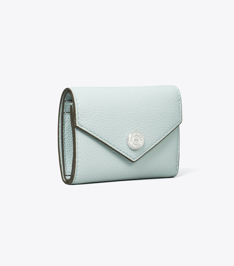 Tory Burch diseñador carteras Cartera sobre pequeña de piel graneada con monograma T en Light Sea ángulo
