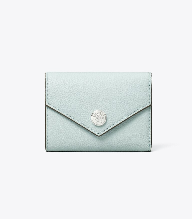 Tory Burch diseñador carteras Cartera sobre pequeña de piel graneada con monograma T en Light Sea frente