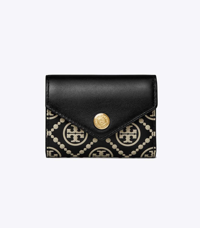 Tory Burch diseñador carteras Cartera tipo sobre pequeña con monograma en T repujado en contraste en Black / NEW CREAM frontal