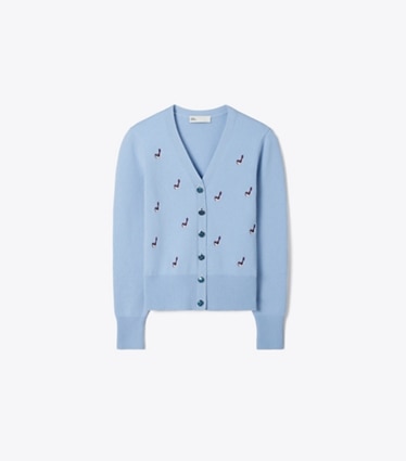 Tory Burch designer sweaters Cashmere Birdie Cardigan in Bella Blue front