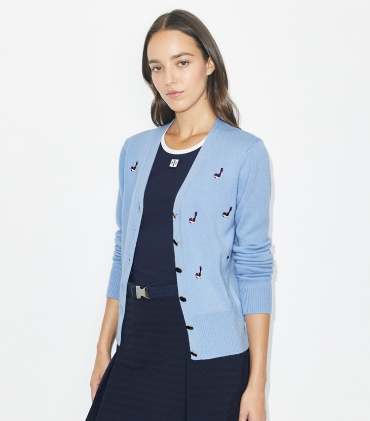 Tory Burch designer sweaters Cashmere Birdie Cardigan in Bella Blue on model detail