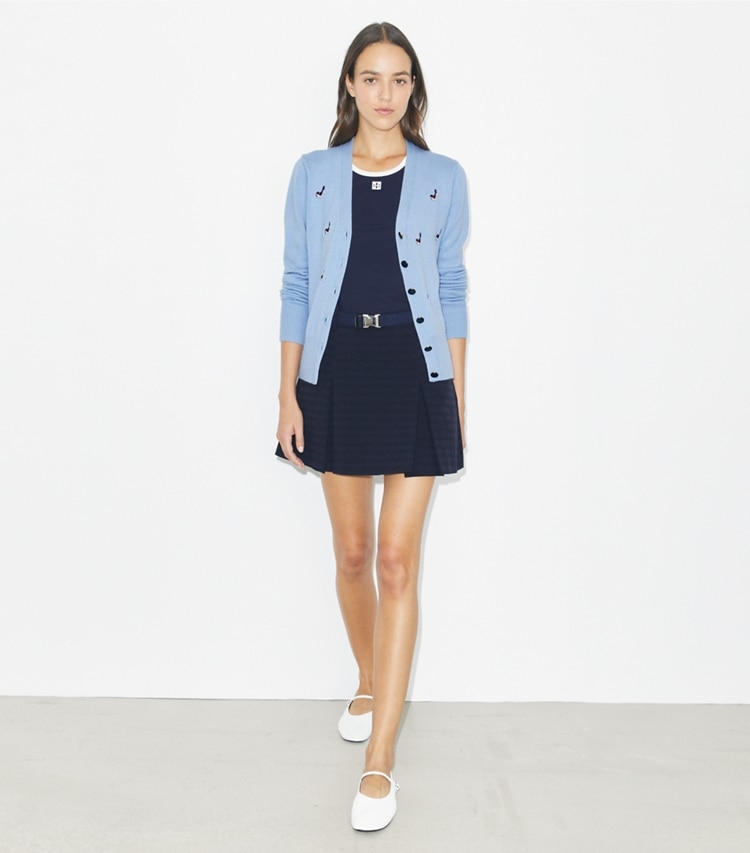 Tory Burch designer sweaters Cashmere Birdie Cardigan in Bella Blue on model front