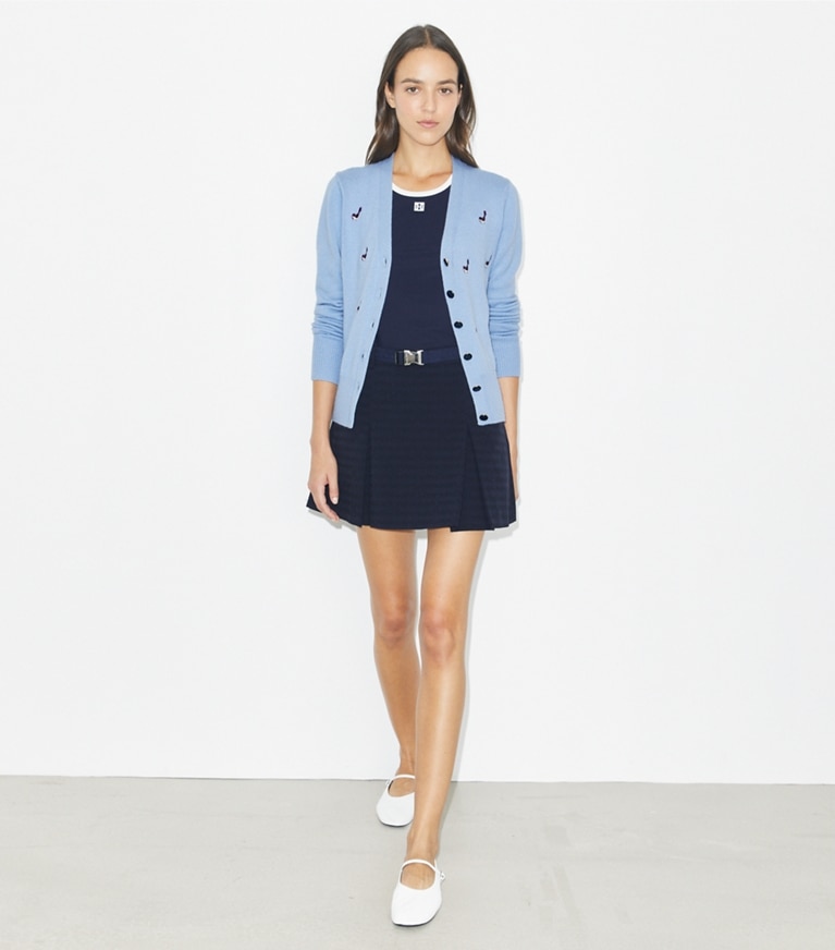 Tory Burch designer sweaters Cashmere Birdie Cardigan in Bella Blue front