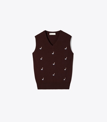Tory Burch designer sweaters Cashmere Birdie Sweater Vest in Dark Winterberry front