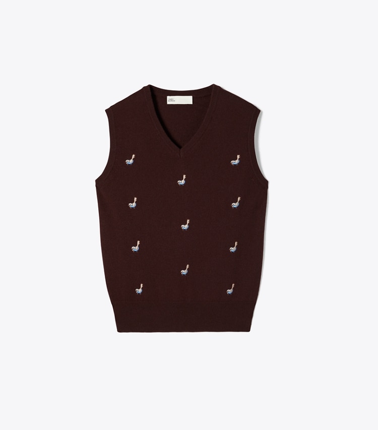 Tory Burch designer sweaters Cashmere Birdie Sweater Vest in Dark Winterberry front