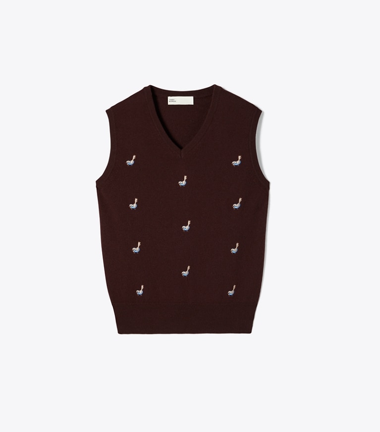 Tory Burch designer sweaters Cashmere Birdie Sweater Vest in Dark Winterberry front