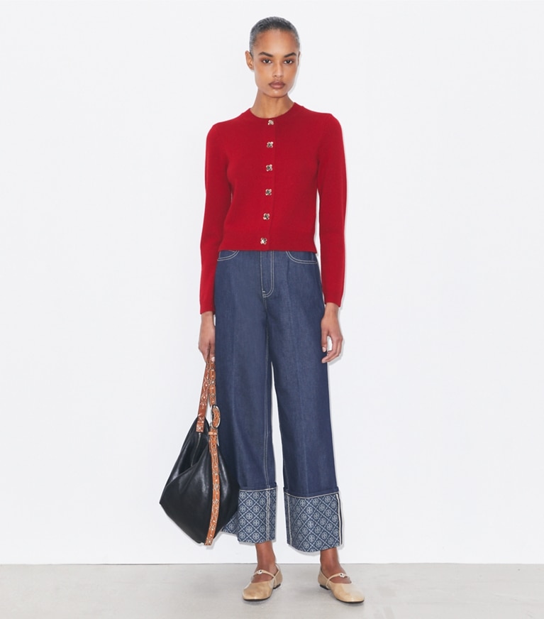 Tory Burch designer セーター カシミア カーディガン in Red モデル前面