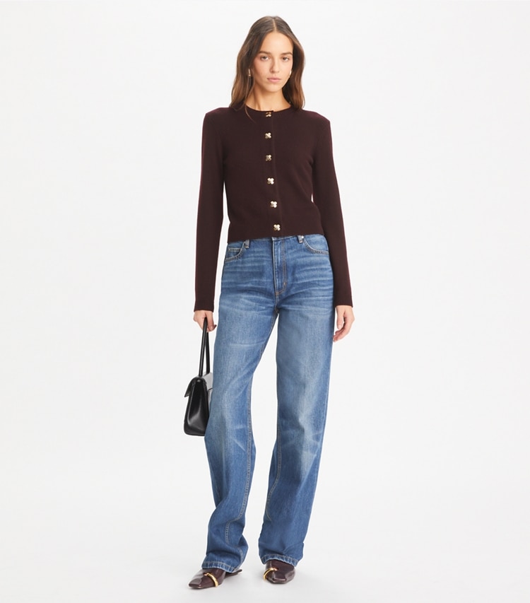 Tory Burch designer sweaters Cashmere Cardigan in Dark Winterberry on model front