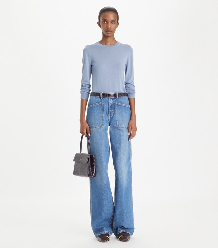 Tory Burch designer sweaters Cashmere Crew Neck in Pewter Sky front