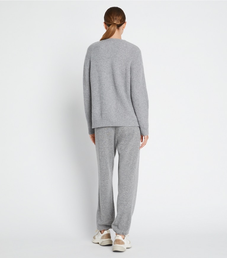Tory Sport designer sweaters Cashmere Crewneck in Medium Grey Heather front