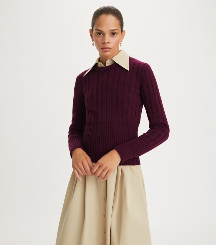 Tory Burch designer sweaters Cashmere Crewneck in Sweet Prune on model detail