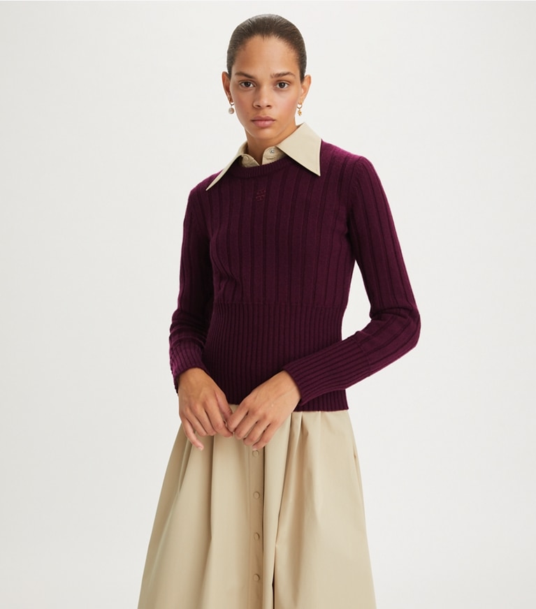 Tory Burch designer sweaters Cashmere Crewneck in Sweet Prune front