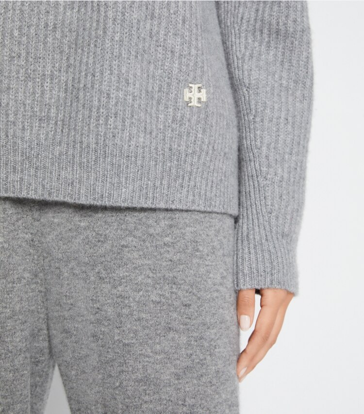 Tory Sport designer sweaters Cashmere Crewneck in Medium Grey Heather on model detail