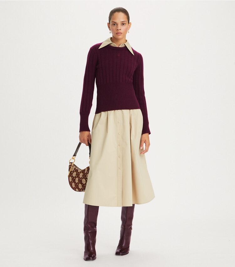 Tory Burch designer sweaters Cashmere Crewneck in Sweet Prune on model front