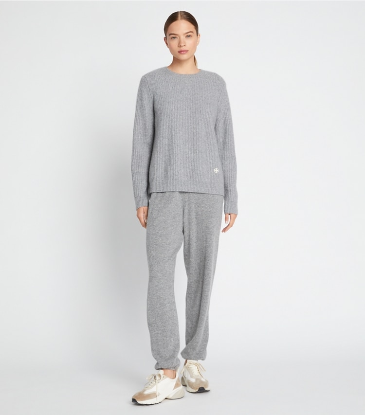 Tory Sport designer sweaters Cashmere Crewneck in Medium Grey Heather on model front