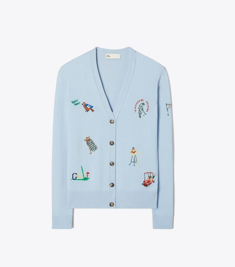 Tory Sport designer sweaters Cashmere Embroidered Golf Cardigan in Ice Floe front