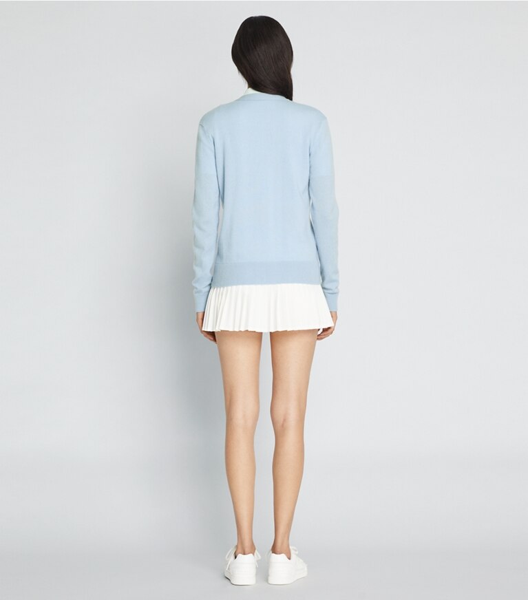 Tory Sport designer sweaters Cashmere Embroidered Golf Cardigan in Ice Floe front