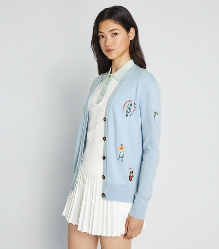 Tory Sport designer sweaters Cashmere Embroidered Golf Cardigan in Ice Floe on model detail