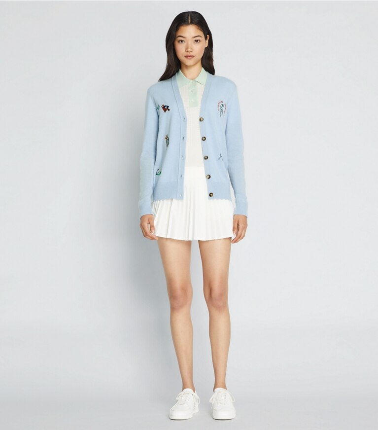 Tory Sport designer sweaters Cashmere Embroidered Golf Cardigan in Ice Floe front