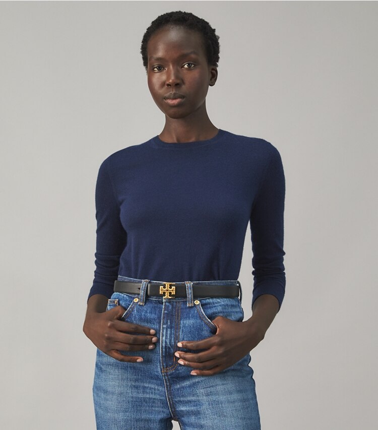 Tory Burch designer sweaters Cashmere Iberia Long-Sleeve Pullover in Tory Navy on model detail