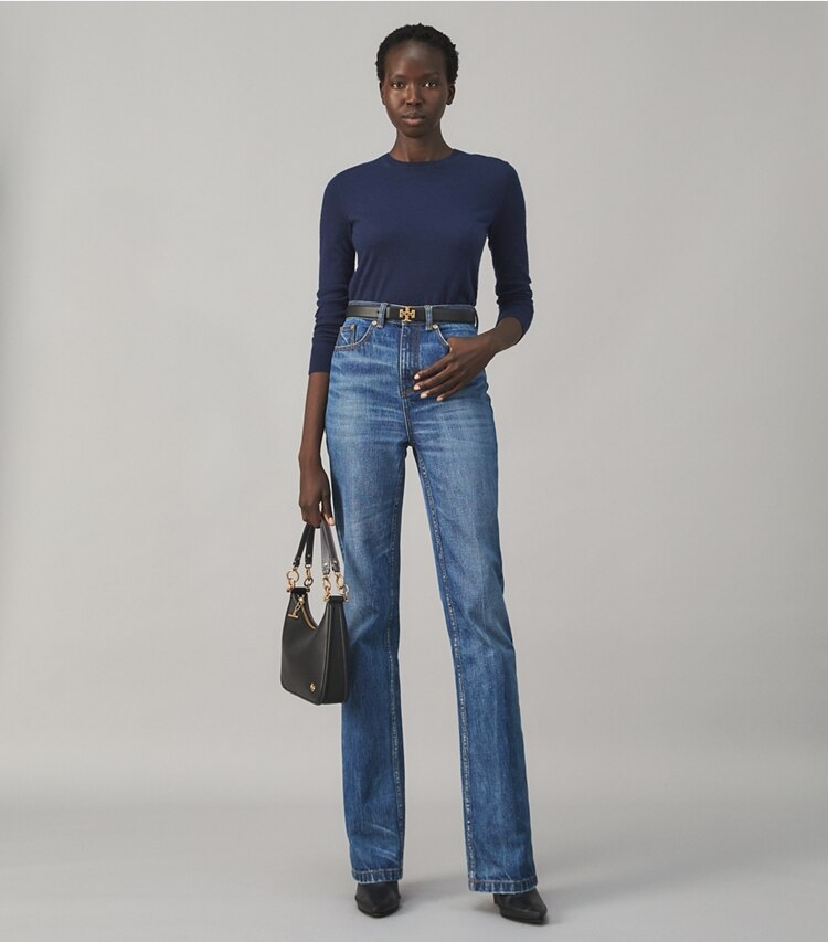 Tory Burch designer sweaters Cashmere Iberia Long-Sleeve Pullover in Tory Navy on model front