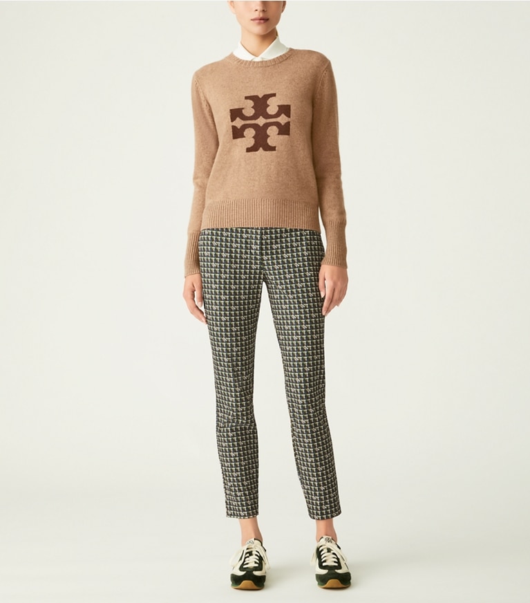 Tory Sport designer sweaters Cashmere Logo Crewneck in Natural Heather front