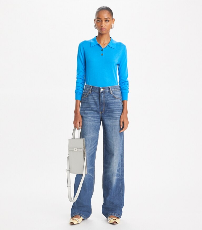 Tory Burch designer sweaters Cashmere Long-Sleeve Polo in Cave Blue additional on model