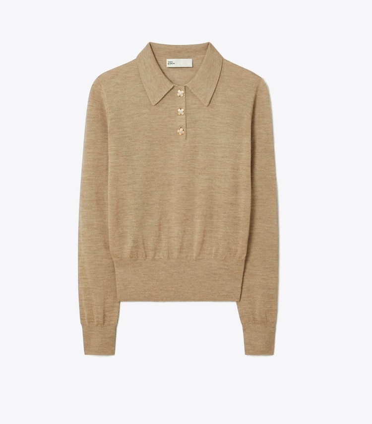 Tory Burch designer sweaters Cashmere Long-Sleeve Polo in Chameau Melange front