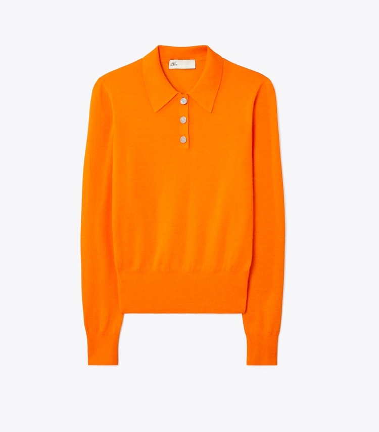 Tory Burch designer sweaters Cashmere Long-Sleeve Polo in Bright Mandarin front