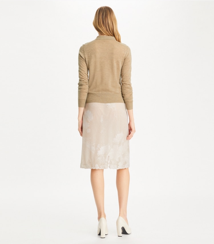 Tory Burch designer sweaters Cashmere Long-Sleeve Polo in Chameau Melange on model back