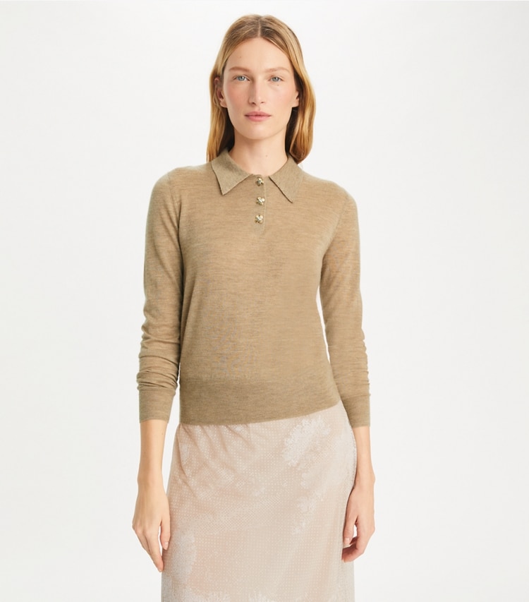 Tory Burch designer sweaters Cashmere Long-Sleeve Polo in Chameau Melange on model detail