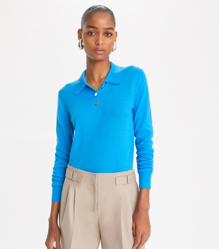 Tory Burch designer sweaters Cashmere Long-Sleeve Polo in Cave Blue on model detail