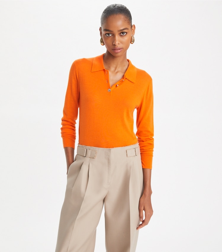 Tory Burch designer sweaters Cashmere Long-Sleeve Polo in Bright Mandarin on model detail