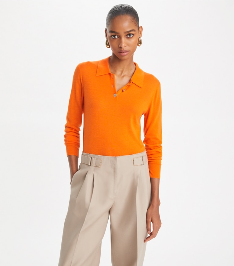 Tory Burch designer sweaters Cashmere Long-Sleeve Polo in Bright Mandarin front
