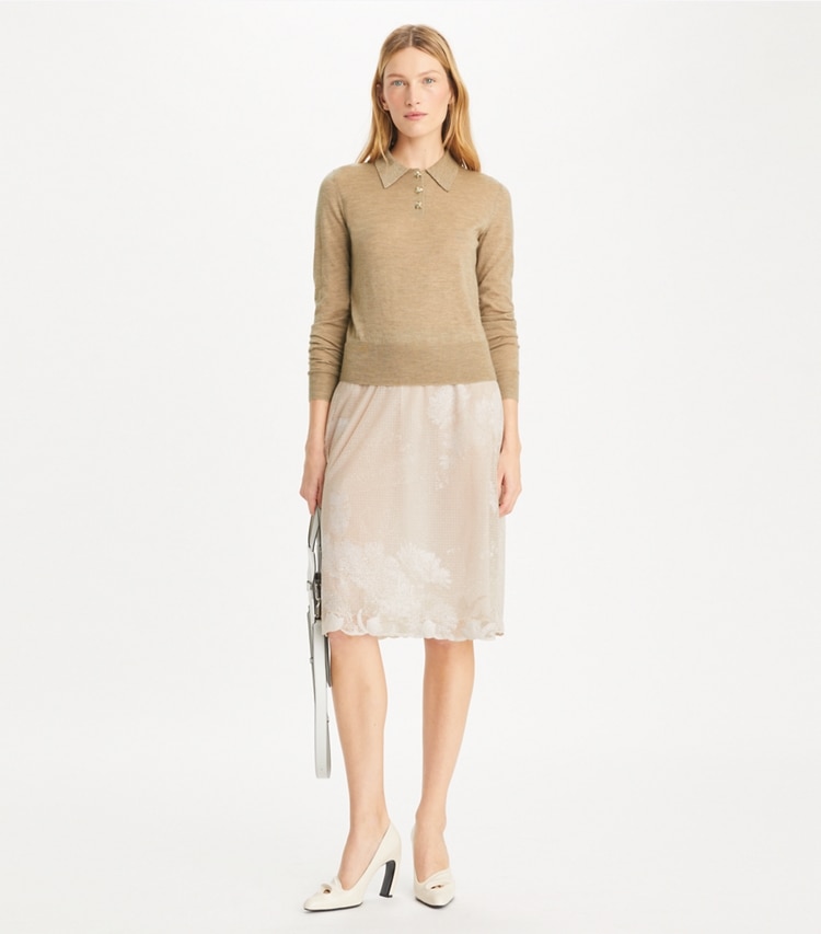 Tory Burch designer sweaters Cashmere Long-Sleeve Polo in Chameau Melange on model front