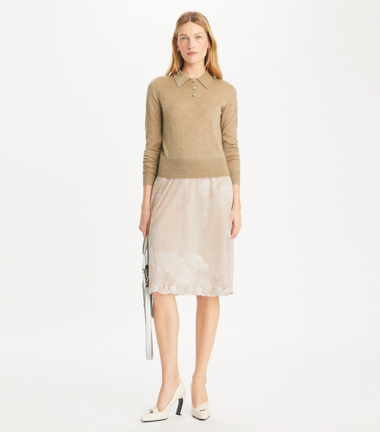 Tory Burch designer sweaters Cashmere Long-Sleeve Polo in Chameau Melange front