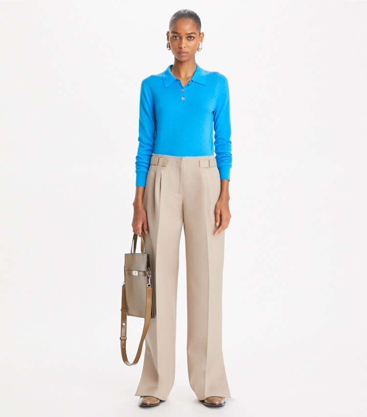 Tory Burch designer sweaters Cashmere Long-Sleeve Polo in Cave Blue on model front