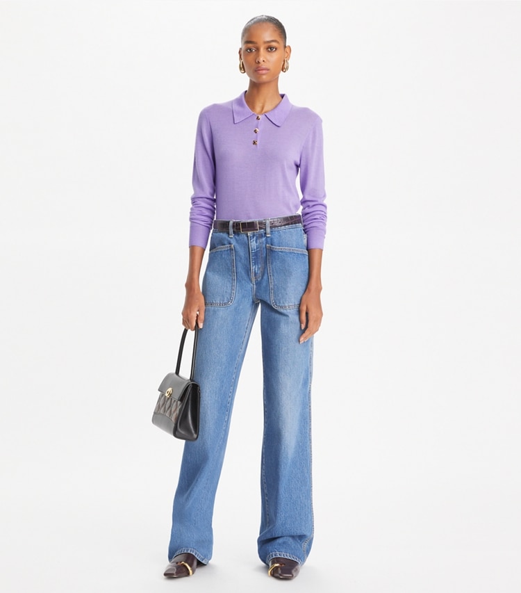 Tory Burch designer セーター カシミア ロングスリーブ ポロシャツ in Lavender Purple モデル前面