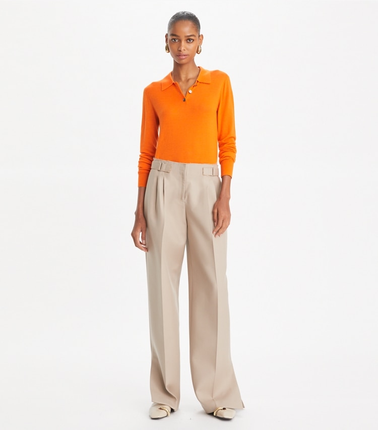 Tory Burch designer sweaters Cashmere Long-Sleeve Polo in Bright Mandarin on model front